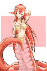 Rule 34 | 10s, 1girl, arm behind head, armpits, bikini, breasts, breasts apart, hair ornament, hairclip, hand on own chest, lamia, long hair, miia (monster musume), monster girl, monster musume no iru nichijou, navel, one eye closed, pointy ears, red hair, scales, signature, sketch, slit pupils, smile, snibako, solo, swimsuit, very long hair, yellow eyes