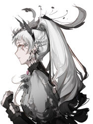 Rule 34 | 1girl, absurdres, arknights, ascot, black gloves, brooch, clenched hands, commentary, dongsheng, facial tattoo, feather hair, fingerless gloves, from side, frown, gloves, grey eyes, grey hair, grey shirt, hair ornament, highres, irene (arknights), jewelry, looking at viewer, looking to the side, material growth, oripathy lesion (arknights), ponytail, profile, scar, scar across eye, shirt, simple background, solo, tattoo, upper body, white background