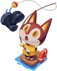 Rule 34 | 1boy, :o, a wu, animal crossing, animal ears, brown shorts, cat ears, cat tail, chinese commentary, commentary request, fishing, fishing rod, from above, full body, furry, furry male, highres, holding, holding fishing rod, hood, hood down, hoodie, lifebuoy, looking at object, looking up, male focus, nintendo, open mouth, pier, pocket, rudy (animal crossing), shorts, simple background, slit pupils, solo, standing, swim ring, tail, unworn boot, water, white background, yellow eyes, yellow hoodie