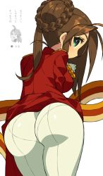 Rule 34 | 1girl, ahoge, ass, braid, breasts, brown hair, coat, commentary request, french braid, girls&#039; frontline, green eyes, highres, itsumo nokoru, lee-enfield (girls&#039; frontline), long hair, looking at viewer, looking back, panties, pants, pantylines, red coat, simple background, solo, translation request, underwear, white background, white pants