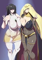 Rule 34 | 2girls, bare shoulders, black bodysuit, black eyes, black hair, blonde hair, blue background, blunt bangs, bodysuit, breasts, cape, cleavage, cleavage cutout, closed mouth, clothing cutout, collarbone, cosplay, costume switch, covered navel, cowboy shot, creatures (company), crossover, dress, fire emblem, fire emblem awakening, game freak, gradient background, green eyes, hair over one eye, highres, huge breasts, leggings, long hair, long sleeves, lusamine (pokemon), multiple girls, nintendo, pokemon, pokemon sm, see-through, shiny clothes, sleeveless, smile, standing, suphesol, tharja (fire emblem), tiara, twintails, v, white dress, white leggings