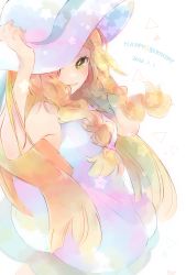 Rule 34 | 1girl, blonde hair, braid, commentary request, creatures (company), dated, dress, eyelashes, game freak, green eyes, hand up, happy birthday, hat, hat ribbon, highres, lillie (pokemon), long hair, looking at viewer, misha (ohds101), nintendo, open mouth, pokemon, pokemon sm, ribbon, see-through, sleeveless, sleeveless dress, smile, solo, sun hat, sundress, twin braids, white dress, white hat