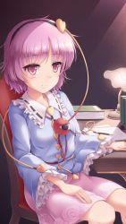 Rule 34 | 1girl, black hairband, blue shirt, book, buttons, chair, floral print, frilled shirt collar, frilled sleeves, frills, hairband, heart button, highres, komeiji satori, lamp, light smile, long sleeves, looking at viewer, lzh, paper, pen, pink eyes, pink hair, pink skirt, print skirt, rose print, shirt, short hair, sitting, skirt, solo, table, third eye, touhou, wide sleeves
