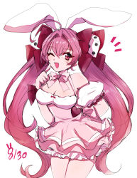 Rule 34 | 1girl, animal ears, arms behind back, bare shoulders, blush, bow, breasts, chemaru (a8l), cleavage, collarbone, dated, detached sleeves, di gi charat, dice hair ornament, dress, finger to cheek, frilled dress, frills, hair between eyes, hair ornament, highres, large breasts, long hair, looking at viewer, medium breasts, one eye closed, open mouth, pink bow, rabbit ears, red eyes, red hair, short sleeves, simple background, solo, twintails, usada hikaru, white background