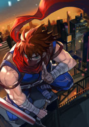 Rule 34 | 1boy, bandaged arm, bandages, blue eyes, brown hair, capcom, covered mouth, holding, holding sword, holding weapon, male focus, muscular, muscular male, ninja, outdoors, plasma sword, red scarf, scarf, short hair, solo, spiked hair, squatting, strider (video game), strider hiryuu, sword, weapon