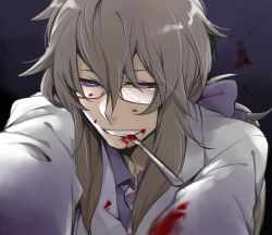 Rule 34 | 1boy, arms up, bad id, bad pixiv id, biting, blood, blood on clothes, blood on face, blood splatter, blood stain, blurry, bow, brown hair, damurushi, depth of field, glasses, grin, hair bow, hair ribbon, hatoful kareshi, iwamine shuu, jacket, knife, long sleeves, looking at viewer, male focus, necktie, outstretched arms, personification, ponytail, purple eyes, ribbon, silverpop night, smile, solo, striped necktie, striped neckwear, teeth, white jacket, yandere