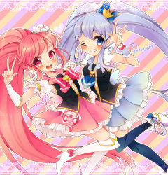 Rule 34 | 10s, 2girls, aino megumi, blue eyes, blue hair, blue skirt, blue thighhighs, blush, boots, bow, brooch, character name, crown, cure lovely, cure princess, double v, earrings, english text, eyelashes, hair ornament, happinesscharge precure!, happy, heart, heart brooch, heart hair ornament, high heel boots, high heels, jewelry, long hair, looking at viewer, magical girl, multiple girls, one eye closed, open mouth, pink bow, pink eyes, pink hair, pink skirt, ponytail, precure, puffy sleeves, ribbon, shirayuki hime, shirt, skirt, smile, thigh boots, thighhighs, thighs, twintails, uzuki aki, v, very long hair, white legwear, wide ponytail, wink, wrist cuffs, zettai ryouiki