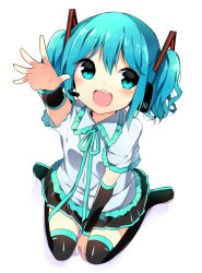 Rule 34 | 1girl, :d, alternate hair length, alternate hairstyle, arm warmers, between legs, black footwear, blue eyes, blue hair, boots, full body, hand between legs, hatsune miku, headset, ikari (aor3507), knee boots, matching hair/eyes, open mouth, reaching, reaching towards viewer, ribbon, shirt, short twintails, simple background, sitting, skirt, smile, solo, twintails, vocaloid, wariza, white background