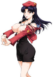 Rule 34 | 1girl, :p, beret, black hair, blue hair, breasts, breasts out, brown eyes, cross, hat, highres, jewelry, katsuragi misato, kon-kit, large breasts, long hair, necklace, neon genesis evangelion, nipples, no bra, open clothes, open shirt, purple hair, shirt, solo, stretching, tongue, tongue out, uniform, unzipped