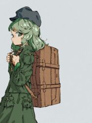 Rule 34 | 1girl, backpack, bag, closed mouth, green eyes, green hair, green hat, green shirt, green skirt, grey background, hat, key, long sleeves, looking at viewer, medium hair, nama udon, profile, shirt, simple background, skirt, solo, touhou, unconnected marketeers, upper body, yamashiro takane