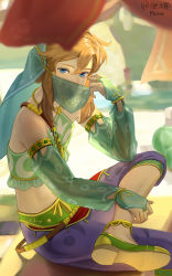 Rule 34 | 1boy, absurdres, adjusting mask, anklet, artist name, bare shoulders, blonde hair, blue eyes, blue pants, bridal gauntlets, crop top, detached sleeves, green footwear, green shirt, green sleeves, hair between eyes, halterneck, harem outfit, highres, jewelry, link, looking at viewer, male focus, medium hair, midriff, mouth veil, nintendo, official alternate costume, pants, phina (jinahou), see-through, see-through sleeves, shirt, sidelocks, sitting, solo, the legend of zelda, the legend of zelda: breath of the wild, veil