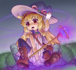 Rule 34 | 1girl, alloyrabbit, blonde hair, blush, boots, bow, brown footwear, castle, commentary, cowlick, crushed, destruction, english commentary, flat chest, forest, giant, giantess, gloves, growth, hand on headwear, hat, hat bow, headband, highres, little witch nobeta, long hair, nature, nobeta, open mouth, red eyes, red headband, solo, staff, tree, white gloves, witch, witch hat