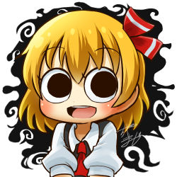 Rule 34 | 1girl, ascot, profile picture, black eyes, blonde hair, chamaji, close-up, collared shirt, commentary, darkness, hair between eyes, hair ribbon, looking at viewer, lowres, open mouth, puffy short sleeves, puffy sleeves, ribbon, round teeth, rumia, shirt, short hair, short sleeves, signature, simple background, smile, solo, teeth, touhou, upper body, vest, white background, wing collar