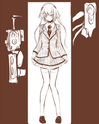 Rule 34 | 10s, 1girl, ansatsu kyoushitsu, blush, brown theme, collared shirt, full body, highres, knees together feet apart, long hair, looking at viewer, miniskirt, monochrome, shirt, short hair with long locks, skirt, smile, solo, standing, sukage, thighhighs