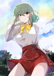 Rule 34 | 1girl, :p, absurdres, adapted costume, arm behind back, book, bow, buttons, closed mouth, green hair, hair between eyes, hand on own cheek, hand on own face, highres, holding, holding book, itocoh, kazami yuuka, long sleeves, orange eyes, outdoors, partially unbuttoned, plaid, plaid bow, plaid skirt, red skirt, school uniform, shirt, short hair, skirt, thighs, tongue, tongue out, touhou, white shirt, yellow bow