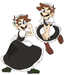 2boys apron blue_eyes bow bowtie brown_hair crossdressing dress facial_hair green_footwear highres luigi maid maid_apron maid_headdress male_focus mario_(series) mimimi_(mimimim9999) multiple_boys mustache nintendo red_bow red_bowtie short_hair solo