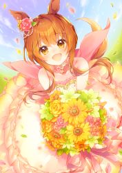 Rule 34 | 1girl, :d, animal ears, bare shoulders, blush, bouquet, brown eyes, brown hair, collarbone, commentary request, day, dress, ech, flower, hair between eyes, hair flower, hair ornament, horse ears, horse girl, long hair, looking at viewer, mayano top gun (sunlight bouquet) (umamusume), mayano top gun (umamusume), open mouth, outdoors, pink flower, pink rose, rose, sidelocks, smile, solo, strapless, strapless dress, umamusume, white dress, white flower, yellow flower