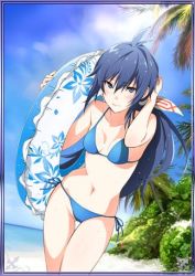 Rule 34 | 00s, 10s, 1girl, beach, bikini, blue bikini, blue eyes, blue hair, breasts, cleavage, collarbone, day, hand in own hair, imca, innertube, long hair, looking at viewer, lowres, matching hair/eyes, outdoors, palm tree, senjou no valkyria, senjou no valkyria (series), senjou no valkyria 3, side-tie bikini bottom, sideboob, small breasts, solo, swim ring, swimsuit, tree