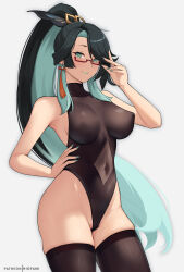 Rule 34 | 1girl, absurdres, bare shoulders, black hair, black leotard, black thighhighs, blush, breasts, cloud retainer (genshin impact), covered erect nipples, covered navel, earrings, genshin impact, green eyes, hand on own hip, high ponytail, highleg, highleg leotard, highres, hioyami, jewelry, large breasts, leotard, long hair, looking at viewer, multicolored hair, ponytail, smile, solo, streaked hair, thighhighs, thighs, white background, xianyun (genshin impact)