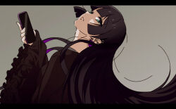 Rule 34 | 1girl, aqua eyes, black cardigan, black choker, black dress, black hair, blunt bangs, bocchi the rock!, cardigan, chin piercing, choker, colored inner hair, commentary, dress, ear piercing, frilled sleeves, frills, goth fashion, goumonsha, grey background, head back, highres, holding, holding phone, leaning back, letterboxed, long dress, long hair, looking at viewer, multicolored hair, pa-san, parody, phone, piercing, shaft (company), shaft look, style parody
