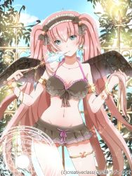 Rule 34 | 1girl, bat wings, bikini, blue eyes, bow, bracelet, breasts, cleavage, collarbone, groin, hair bow, hair ornament, hair ribbon, hairband, head tilt, hiro (hirohiro31), holding, jewelry, knife, lolita hairband, long hair, looking at viewer, navel, official art, original, parted lips, pink hair, pleated skirt, ribbon, seiten ragnarok, skirt, solo, swimsuit, twintails, wings