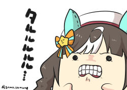 Rule 34 | 1girl, absurdres, animal ears, beret, black hair, bow, braid, clenched teeth, goma (gomasamune), hair bow, hair ornament, hands up, hat, highres, hokko tarumae (umamusume), horse ears, long hair, multicolored hair, simple background, solid circle eyes, solo, star (symbol), star hair ornament, streaked hair, striped, striped bow, teeth, translation request, umamusume, upper body, white background, white hair, white hat