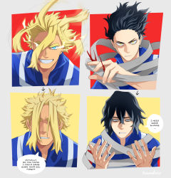 Rule 34 | 2boys, black hair, blonde hair, blood, blue eyes, blue shirt, boku no hero academia, brown background, commentary, cuts, energy, english commentary, english text, eraser head (boku no hero academia), closed eyes, grey background, grey scarf, grin, hair over eyes, hair up, highres, injury, looking at viewer, male focus, multiple boys, outside border, red background, scarf, shirt, smile, speech bubble, trevo (trevoshere), u.a. gym uniform, white shirt, yagi toshinori