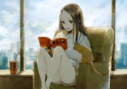 Rule 34 | 1girl, animal on arm, armchair, bare legs, barefoot, blue sky, blush, book, brown eyes, brown hair, cat, chair, cityscape, cloud, cloudy sky, cup, day, drinking glass, drinking straw, eating, feet out of frame, food, highres, holding, holding food, indoors, long hair, long sleeves, loungewear, open book, open mouth, original, pink shorts, reading, sako (35s 00), shirt, short shorts, shorts, sitting, sky, solo, white shirt, window