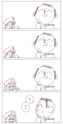 Rule 34 | 1boy, 1girl, 4koma, absurdres, doodle sensei (blue archive), bag of chips, blanchat, blue archive, chips (food), comic, food, greyscale, hat, highres, iroha (blue archive), monochrome, peaked cap, potato chips, sensei (blue archive), simple background, sketch, speech bubble