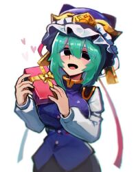 Rule 34 | 1girl, black eyes, black skirt, blue hat, blue vest, breasts, commentary, epaulettes, frilled hat, frills, gift, green hair, hat, heart, highres, holding, holding gift, iganashi1, large breasts, long sleeves, looking at viewer, medium hair, open mouth, shiki eiki, simple background, skirt, solo, symbol-only commentary, touhou, valentine, vest, white background