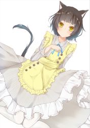 Rule 34 | 1girl, animal ears, apron, black hair, blue ribbon, blunt bangs, blush, buttons, cat ears, cat girl, cat tail, collared dress, dress, dutch angle, eyebrows, frills, hair ornament, hairpin, hand on own chest, kafuka, kafuka (aokaf18), kavka, knees together feet apart, long sleeves, looking at viewer, maid apron, neck ribbon, original, pantyhose, ribbon, short hair, simple background, solo, stitches, striped clothes, striped dress, tail, vertical-striped clothes, vertical-striped dress, white background, white pantyhose, yellow eyes
