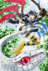 Rule 34 | 1girl, adapted costume, alternate costume, alternate hair length, alternate hairstyle, asymmetrical clothes, asymmetrical wings, ballpoint pen (medium), bear paw, black hair, blue sky, branch, day, dress, gauntlets, houjuu nue, kawachi koorogi, long hair, looking at viewer, open clothes, open dress, open mouth, outdoors, painting (medium), panties, pointy ears, purple panties, red eyes, sky, snake, solo, thighhighs, tiger paw, touhou, traditional media, tree, underwear, watercolor (medium), wings