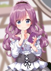 1girl black_bag blue_eyes blurry blurry_background blush cellphone choker closed_mouth collarbone commentary_request dress gochuumon_wa_usagi_desu_ka? hands_up highres holding holding_phone jewelry karede_yura long_hair long_sleeves looking_at_viewer necklace phone purple_hair ruu_(tksymkw) smartphone smile solo upper_body white_dress