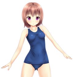 Rule 34 | 1girl, blue one-piece swimsuit, brown hair, chestnut mouth, cowboy shot, ki (kk-sk-ray), md5 mismatch, one-piece swimsuit, original, purple eyes, resolution mismatch, school swimsuit, short hair, simple background, solo, source smaller, swimsuit, white background