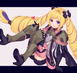Rule 34 | 1girl, armor, black gloves, blonde hair, bow, breastplate, capelet, elise (fire emblem), fire emblem, fire emblem fates, frills, full body, gloves, greaves, hair ribbon, hairband, heart, high heels, highres, letterboxed, long hair, looking at viewer, nintendo, pink bow, purple eyes, ribbon, solo, transistor, twintails, very long hair
