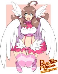 Rule 34 | 1girl, agawa ryou, ahoge, angel wings, artist name, bad id, bad tumblr id, blue eyes, breasts, bright pupils, brown hair, curvy, head wings, large breasts, long hair, looking at viewer, navel, open mouth, pink thighhighs, smile, solo, striped clothes, striped thighhighs, thigh gap, thighhighs, watermark, web address, wide hips, winged arms, wings