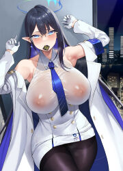 Rule 34 | 1girl, absurdres, ahoge, armpits, arms up, asakura kukuri, bare shoulders, black hair, blue archive, blue eyes, blue necktie, blush, breasts, buttons, come hither, condom, condom in mouth, condom wrapper, covered erect nipples, dress, gloves, hair between eyes, halo, highres, huge breasts, impossible clothes, indoors, long hair, looking at viewer, mouth hold, necktie, night, night sky, no bra, pointy ears, rin (blue archive), see-through, sky, sleeveless, sleeveless dress, solo, sweat, thighs, very long hair, white dress, white gloves