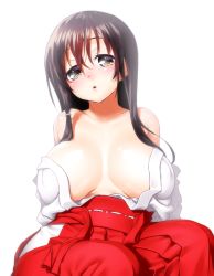 Rule 34 | 1girl, black hair, blush, breasts, breasts apart, brown eyes, female focus, hair ornament, hakama, hakama skirt, head tilt, huge breasts, iwato kasumi, japanese clothes, long hair, looking at viewer, miko, no bra, onsoku inu, open clothes, open mouth, parted lips, red hakama, saki (manga), simple background, skirt, solo, tareme, tears, white background