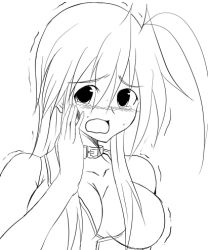 Rule 34 | 1girl, blush, breasts, collar, female focus, lowres, ment, monochrome, original, simple background, solo, tears, upper body, white background