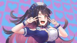 Rule 34 | + +, 1girl, absurdres, black hair, blue nails, blush, braco, breasts, cleavage, double v, highres, hina misora, large breasts, lips, long hair, multicolored hair, nail polish, one eye closed, open mouth, pink hair, short sleeves, smile, teeth, upper body, upper teeth only, v, virtual youtuber, wactor production