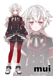 Rule 34 | armband, black bow, black jacket, black shorts, boots, bow, braid, closed mouth, commentary request, copyright request, frilled sleeves, frills, grey hair, hair between eyes, jacket, light frown, long hair, long sleeves, miyoshino, official art, pantyhose, pantyhose under shorts, red eyes, red pantyhose, shirt, short shorts, shorts, simple background, single braid, sleeves past wrists, twitter username, very long hair, virtual youtuber, white background, white footwear, white shirt, zoom layer