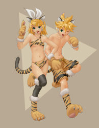 Rule 34 | 1boy, 1girl, animal hands, bikini, blonde hair, breasts, brother and sister, fang, hand on own hip, highres, hip focus, kagamine len, kagamine rin, new year, one eye closed, shorts, siblings, swimsuit, thighhighs, tiger paws, twins, underboob, urushizawa takayuki, vocaloid, wink