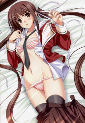 Rule 34 | 1girl, absurdres, bed, bed sheet, black thighhighs, blush, bra, brown eyes, brown hair, clothes pull, flat chest, groin, hair ribbon, highres, houjouin seika, komori kei, lingerie, long hair, lying, navel, necktie, on back, open clothes, open mouth, open shirt, panties, panty pull, princess lover, ribbon, school uniform, shirt, skirt, skirt pull, solo, striped bra, striped clothes, striped panties, thighhighs, twintails, underwear, undressing, very long hair