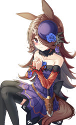 Rule 34 | 1girl, absurdres, bad id, bad pixiv id, bare shoulders, black thighhighs, blue flower, blue rose, blush, brown hair, bug, butterfly, collarbone, commentary, dress, feet out of frame, flower, fur collar, hair over one eye, hat, hat flower, highres, insect, kaku (walletbreaker), long hair, long sleeves, looking at viewer, off-shoulder dress, off shoulder, own hands together, purple butterfly, purple dress, purple eyes, purple hat, red sleeves, rice shower (umamusume), rose, sitting, solo, thighhighs, umamusume, white background