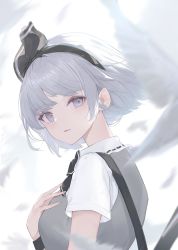 Rule 34 | 1girl, absurdres, back, bird, black bow, black bowtie, bow, bowtie, breasts, collared shirt, colored skin, feathers, flying, from behind, grey eyes, grey hair, grey hairband, grey ribbon, grey skin, grey vest, hairband, hand on own chest, hand up, highres, katana, konpaku youmu, kurowa (curowa), looking back, looking to the side, medium breasts, open mouth, ribbon, shirt, short hair, short sleeves, simple background, solo, sword, touhou, upper body, vest, weapon, white background, white shirt, wings, wristband