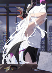 Rule 34 | 1girl, absurdres, armpits, arms behind head, arms up, bare arms, bare shoulders, black skirt, black wings, blue archive, blush, breasts, building, calendar (object), cityscape, closed mouth, from side, halo, hand in own hair, highres, hina (blue archive), horns, indoors, long hair, low wings, medium breasts, multiple horns, profile, shirt, side slit, sidelocks, skirt, skyscraper, sleeveless, sleeveless shirt, smile, solo, table, very long hair, white hair, white shirt, window, wings, yuki hishaku