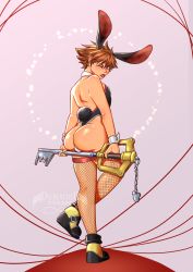 Rule 34 | 1boy, absurdres, animal ears, ass, ass support, bare shoulders, blue eyes, boots, brown hair, bulge, come hither, fake animal ears, from behind, highres, huge ass, keyblade, kingdom hearts, leotard, looking at viewer, looking back, male playboy bunny, naughty face, one eye closed, overexciteddragon, playboy bunny, rabbit ears, rabbit tail, shiny skin, short hair, smile, solo, sora (kingdom hearts), tail, thighhighs, thong, thong leotard, tongue, tongue out, trap, wedge heels, wink
