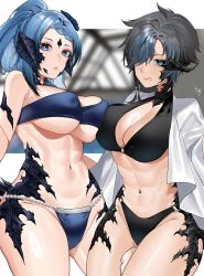Rule 34 | 2girls, abs, absurdres, au ra, warrior of light (ff14), bare shoulders, bikini, black hair, blue eyes, blue hair, breast press, breasts, cleavage, dragon horns, dragon tail, fictional persona, final fantasy, final fantasy xiv, flower, hair flower, hair ornament, highres, horns, j.moon, looking at viewer, midriff, miu (dumbxaela), mole, multiple girls, navel, scales, short hair, short ponytail, swimsuit, tail, toned