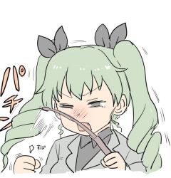 Rule 34 | 10s, 1girl, anchovy (girls und panzer), black shirt, commentary request, drill hair, fang, girls und panzer, green hair, grey eyes, hair ribbon, hitting, jacket, mo (kireinamo), one eye closed, open mouth, ribbon, riding crop, shirt, sketch, solo, tearing up, translation request, twin drills, twintails, white background