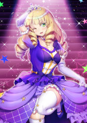 Rule 34 | 1girl, blonde hair, blue footwear, blush, breasts, cleavage, collarbone, commentary request, crown, dress, drill hair, elbow gloves, garter straps, gloves, green eyes, heanna sumire, highres, jewelry, long hair, looking at viewer, love live!, love live! superstar!!, medium breasts, necklace, nonfiction!! (love live!), novady, one eye closed, purple dress, purple gloves, shiny skin, signature, solo, sparkle, spotlight, stairs, star (symbol), thighhighs, white thighhighs